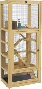 PawHut Gaiola de Madeira para Hamster, 5 Níveis, com 2 Baloiços, 4 Rampas, 2 Casinhas, Garrafa de Água e Bandeja Extraível, Natural | Aosom Portugal