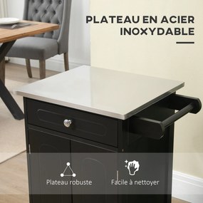 Carrinho de serviço de cozinha com rodas 60 x 45 x 85 cm, com vários compartimentos de arrumação: 1 gaveta, armário com 2 portas e prateleira para pan