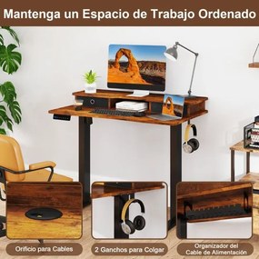 Secretária elétrica com pé 100 x 60 cm com 2 gavetas, altura ajustável e suporte para monitor Castanha
