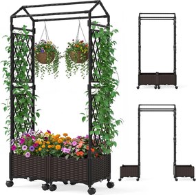 Floreira de jardim 81 x 40 x 162 cm com rega automática, com treliça e rodas bloqueáveis em rattan para plantas trepadeiras, tomates ou flores, castan
