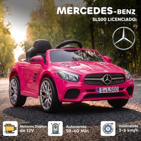 Carro Elétrico Infantil Mercedes-Benz SL500 12 V com Controlo Remoto 2,4 GHz, 2 Motores, Suspensão e Arranque Suave, Rosa