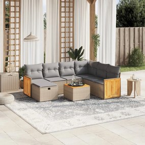 8 pcs conj. sofás jardim c/ almofadões vime PE bege misturado