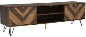 Móvel de TV com 2 portas em Madeira com 2 compartimentos, painel baixo, Pegas douradas e pés de ferro,155x38x48cm Cor natural