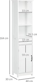 Armário de casa de banho tipo coluna 40 x 30 x 164 cm com 3 compartimentos abertos, gaveta e prateleira ajustável, branco