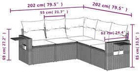 5 pcs conj. sofás jardim c/ almofadões vime PE cinzento-claro
