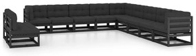 vidaXL 11 pcs conjunto longue jardim c/ almofadões pinho maciço preto