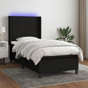 Cama box spring c/ colchão e LED 80x200 cm tecido preto