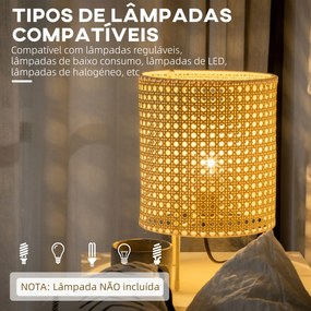 Candeeiro de Mesa Candeeiro de Mesa de Cabeceira Lâmpada E27 Máx. 40W com Ecrã de Vime Sintético Tecido a Mão para Dormitório Escritório Ø20x30,5cm Na