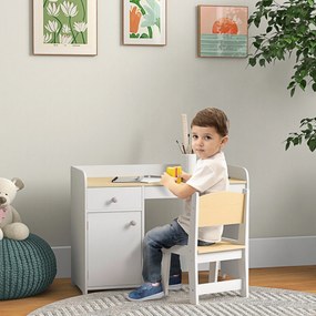 Conjunto de 2 Peças de Secretária Infantil e Cadeira, 80 x 39 x 59 cm, Arrumação Ampla, Branco