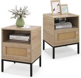 Conjunto de 2 mesas de cabeceira em rattan com porta e prateleira para quarto ou sala de estar 40 x 40 x 57 cm Natural