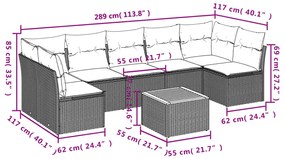 8 pcs conjunto sofás de jardim c/ almofadões vime PE cinzento
