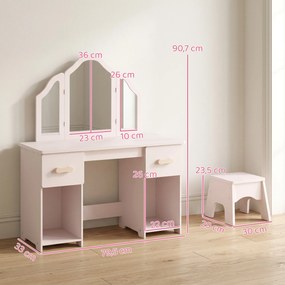 Toucador Infantil de Maquilhagem com Banco, 3 Espelhos Amovíveis, 2 Gavetas, 2 Armários e 7 Acessórios, Rosa, +3 Anos