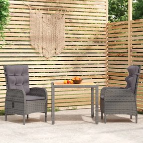 vidaXL 3 pcs conjunto de jantar para jardim vime PE cinzento