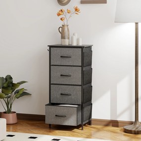 Cómoda com 4 gavetas em tecido 45 L x 30 P x 94,5 A cm, móvel de arrumação com 4 bolsos, 2 ganchos, estrutura em aço, cinzento