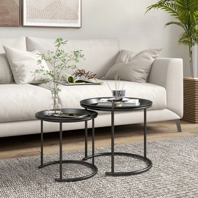 Conjunto de 2 mesas de centro redondas encaixáveis com tampos removíveis, estilo industrial, em aço, Ø 43 e Ø 35 cm, preto