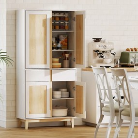 Armário alto de cozinha, armário de cozinha com 4 portas, 2 gavetas e prateleiras ajustáveis, 80 x 35 x 170 cm, branco e carvalho