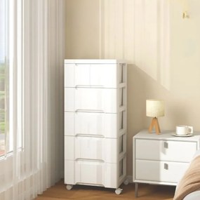 Armário de armazenamento 40 x 32 x 96 cm com 5 gavetas Rodas universais e traváveis Recipiente de armazenamento de plástico branco