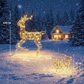 Rena e Trenó Luminosos em Rattan PP com 175 LED Branco Quente, 8 Modos e Temporizador, 120 cm, para Jardim Exterior