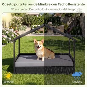 Cama de rattan para cães com toldo de rattan, para jardim 98 x 69 x 74 cm, Suporta 60 kg Almofada removível para interior e exterior cinza e preto