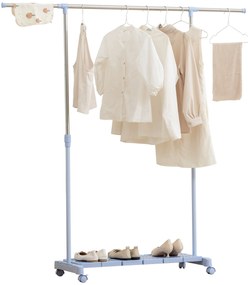 Guarda Roupa com Rodas com Barra de Aço Inoxidável e Prateleira para Sapatos Altura Ajustável 94-159x42x93-168 cm Azul
