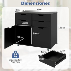 Armário de Escritório e 2 portas Móvel com gavetas móveis e 5 rodas 73 x 40 x 64,5 cm Preto