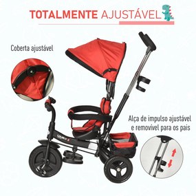 Triciclo para Crianças 2 em 1com capota ajustável acima de 18 Meses vermelho 92x51x110cm