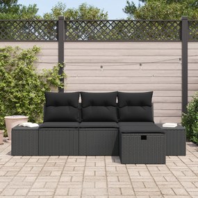 Conjunto de Sofá de Jardim de 4 peças com Almofadas Preto Vime Polipro