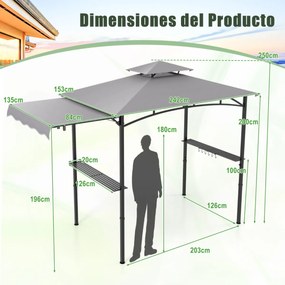 Tenda pérgula jardim para churrasco (Não incluido) de 318 x 153 cm com 2 prateleiras laterais Estrutura metálica Cinzenta