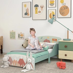 Cama para Crianças de Madeira com Barreira de Proteção e Estampados Carga Máx. 40 kg 77x143x60 cm Verde