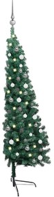 Meia árvore Natal artificial pré-iluminada c/ bolas verde