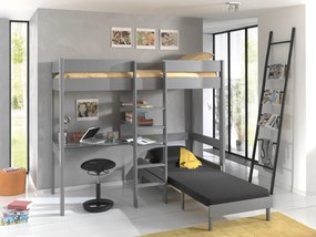 Cama alta de Criança PINO 90 x 200 cm + estrado + escada + secretária + 3 prateleiras + sofá-cama Cinzenta