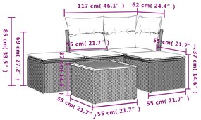 5 pcs conjunto sofás de jardim c/ almofadões vime PE cinzento