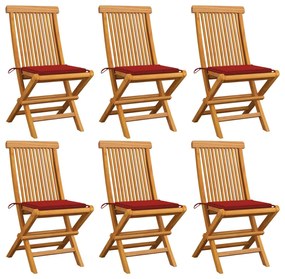 vidaXL Cadeiras de jardim c/ almofadões vermelhos 6 pcs teca maciça