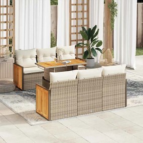 vidaXL 7 pcs conjunto sofás jardim com almofadões vime PE/acácia bege