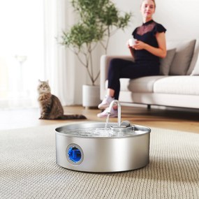 Fonte para Gatos em Aço Inoxidável 7L Silencioso Fonte de Água para Animais Automática com Sistema de Filtros Luz LED 30,5x31,2x19,3 cm Prata