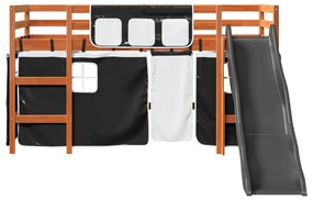 Cama alta criança c/ cortina 90x190cm pinho maciço branco/preto