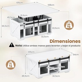 Mesa de centro 105 x 54 x 48,5 cm com tampo elevável estilo rústico, 2 portas deslizantes, 3 compartimentos ocultos, sala de estar, painel branco