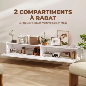 Móvel de TV suspenso de 140 cm, móvel para televisor de 72 polegadas, 2 portas rebatíveis, 140 x 25 x 22 cm, branco