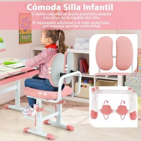 Conjunto de secretária e cadeira para crianças Mesa de estudo ajustável em altura com cadeira ergonómica Rosa