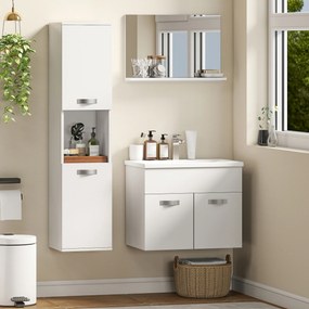 Conjunto de móveis de casa de banho de 4 peças, de parede, com espelho, móvel de lavatório, lavatório e armário alto, branco