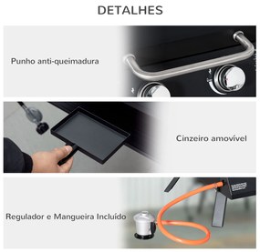 Outsunny Barbecue a Gás Dobrável com 2 Queimadores Churrasqueira à Gás Portátil com Termómetro para Campismo Piquenique ao Ar Livre Jardim 55x46,5x41cm Preto