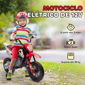 Mota Elétrica para Crianças com Bateria 12V Música Velocidade 2,4-5 km/h e Rodas Auxiliares 107x56x70 cm Vermelho