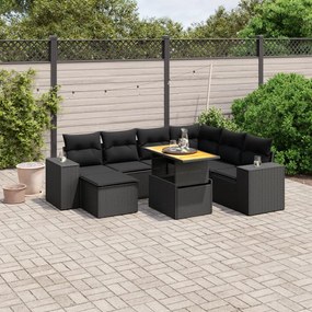 8 pcs conjunto sofás de jardim com almofadões vime PE preto