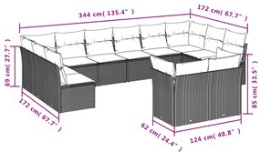 12 pcs conj. sofás jardim com almofadões vime PE cinzento-claro