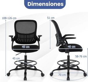 Cadeira de escritório giratória alta em malha com apoios de braços rebatíveis e apoio para os pés ajustável preta.
