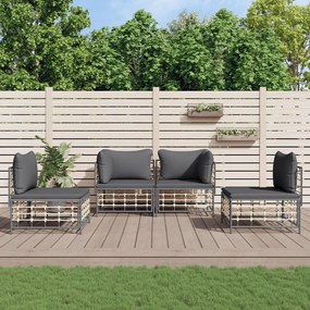 vidaXL 4 pcs conjunto lounge de jardim c/ almofadões vime PE antracite