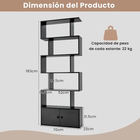 Estante em forma de S de 6 camadas com prateleiras decorativas para sala de estar e escritório 70 x 23 x 183 cm preta