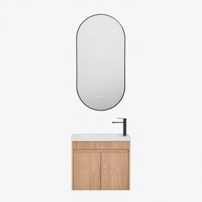 Conjunto De Móvel De Casa De Banho Suspenso Em Madeira Com Lavatório Integrado Narek Castanho Fresno & Ovale Led E Antifog Preto 50x100 Cm Asteiro & &