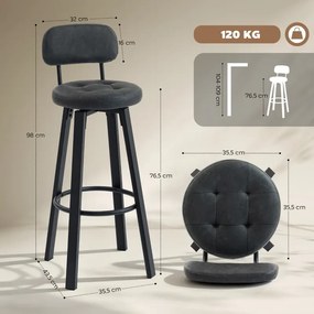 Conjunto de 2 Bancos de Bar Bancos Altos de Cozinha Giratórios Estofados em PU com Apoio para os Pés 35,5x43,5x98 cm Cinzento Escuro