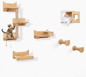 6 peças parede de escalada para gatos poste de arranhar de 2 níveis com plataformas rede escada para gatos árvore de escalada móveis de madeira natural para gatos